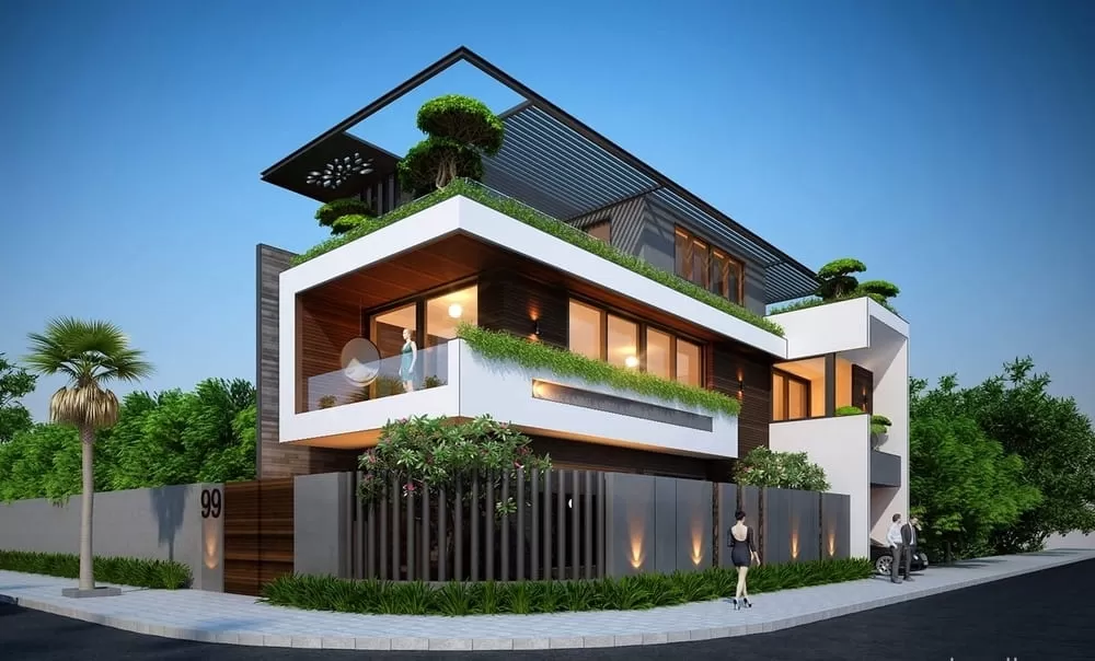 Mẫu nhà 6x20m có giếng trời và tầng tum hiện đại