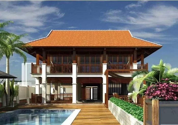 Nhà 2 tầng kiểu nhà sàn gỗ truyền thống, đơn giản