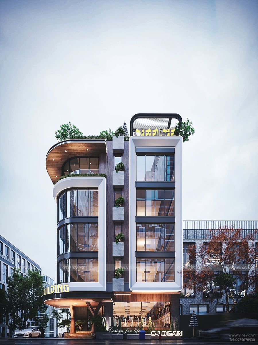 Mẫu tòa nhà văn phòng đẹp hiện đại 5 tầng 1 tum 252m2 (12x 21m) BT2370