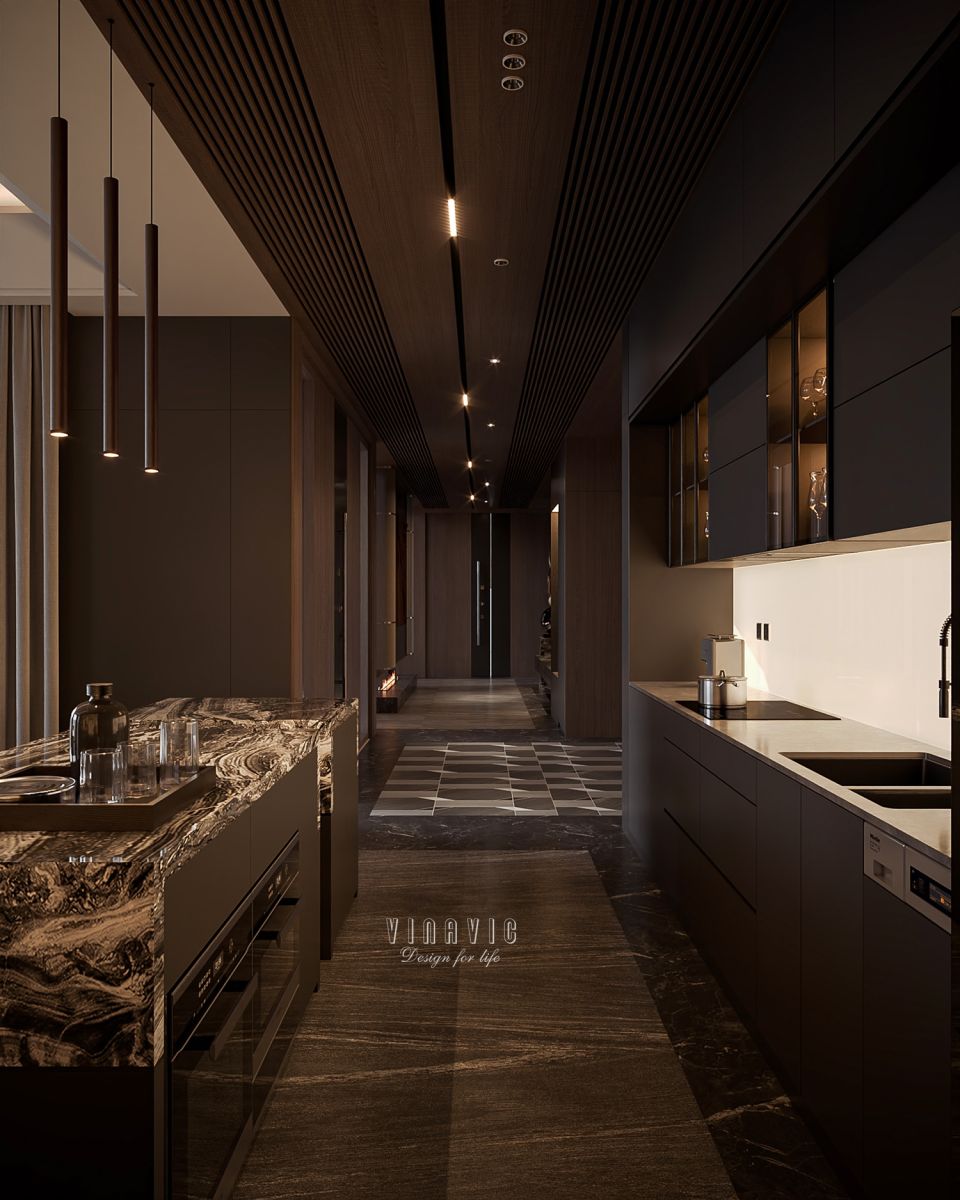 PHỐI CẢNH NỘI THẤT PHÒNG KHÁCH LIÊN THÔNG BẾP TẦNG 1 BIỆT THỰ HIỆN ĐẠI 2 TẦNG NT2332