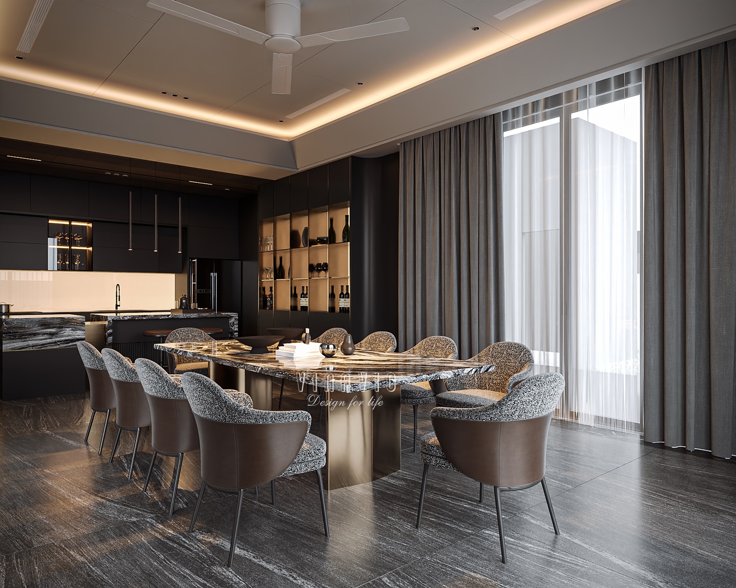 PHỐI CẢNH NỘI THẤT PHÒNG KHÁCH LIÊN THÔNG BẾP TẦNG 1 BIỆT THỰ HIỆN ĐẠI 2 TẦNG NT2332