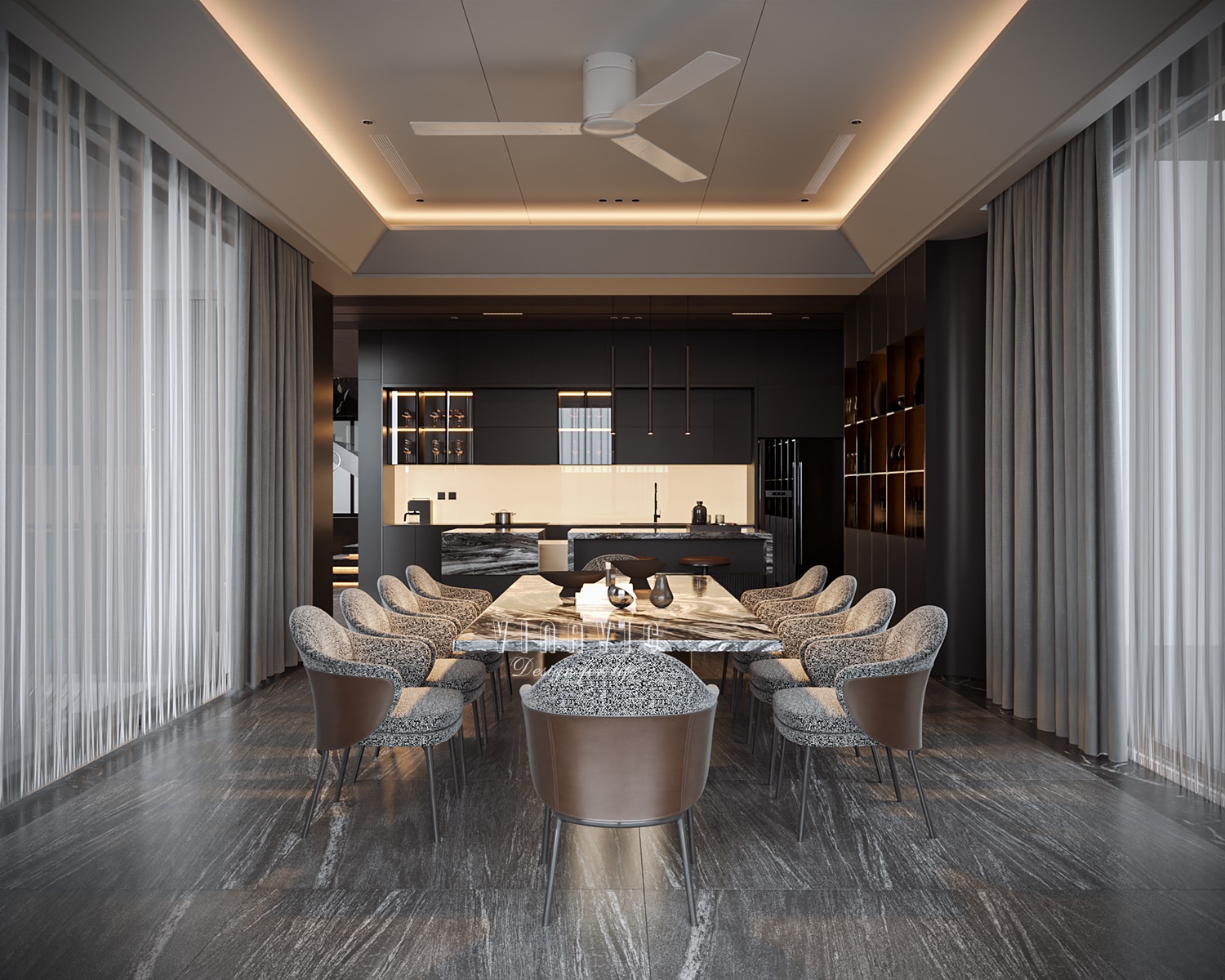 PHỐI CẢNH NỘI THẤT PHÒNG KHÁCH LIÊN THÔNG BẾP TẦNG 1 BIỆT THỰ HIỆN ĐẠI 2 TẦNG NT2332