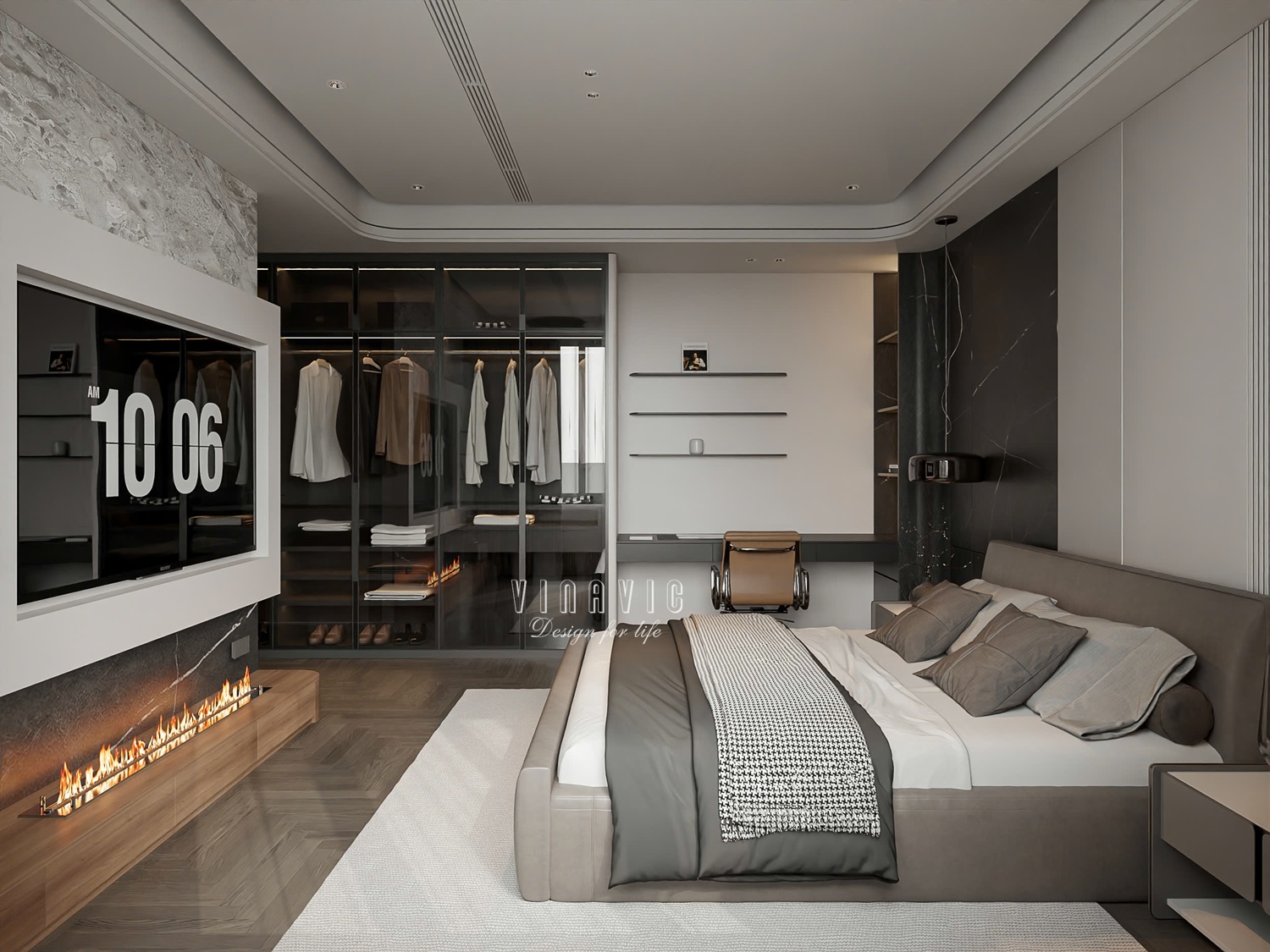 PHỐI CẢNH NỘI THẤT PHÒNG NGỦ MASTER TẦNG 2 BIỆT THỰ HIỆN ĐẠI 2 TẦNG NT2332