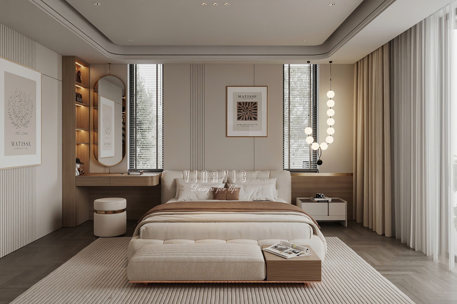 PHỐI CẢNH NỘI THẤT PHÒNG NGỦ MASTER TẦNG 2 BIỆT THỰ HIỆN ĐẠI 2 TẦNG NT2332