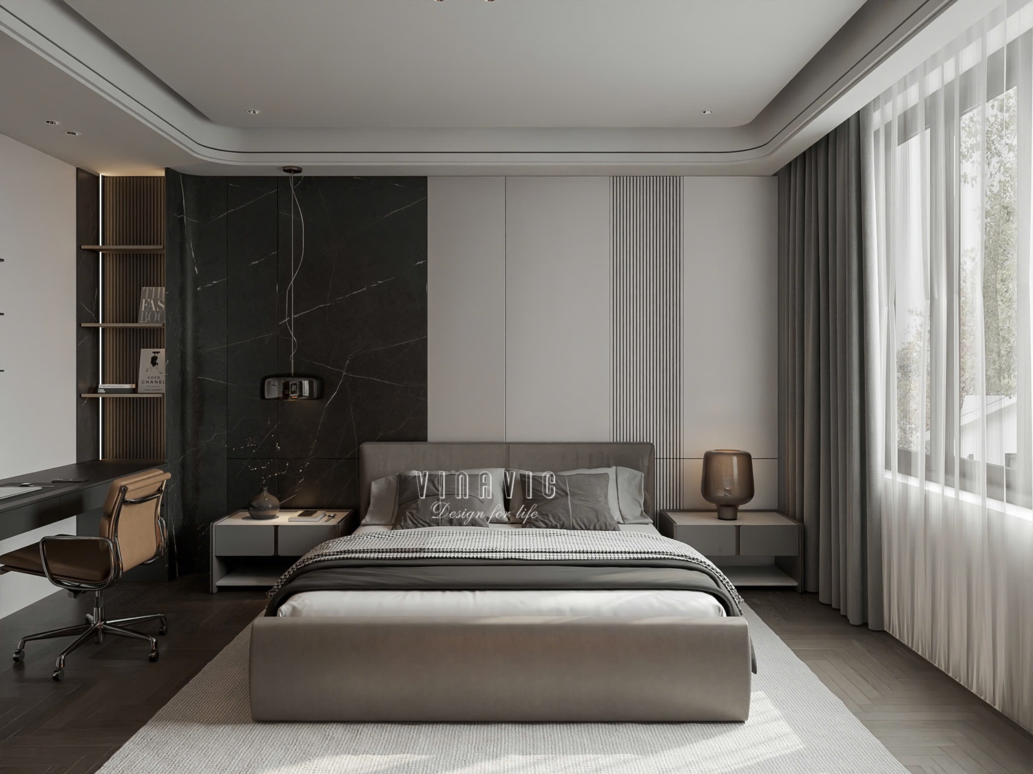 PHỐI CẢNH NỘI THẤT PHÒNG NGỦ MASTER TẦNG 2 BIỆT THỰ HIỆN ĐẠI 2 TẦNG NT2332
