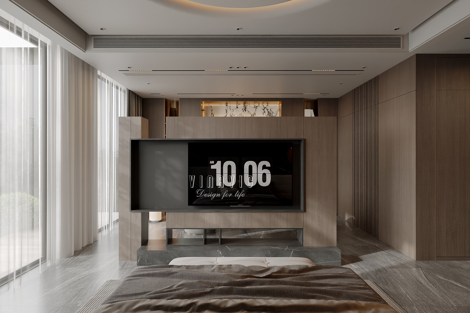 PHỐI CẢNH NỘI THẤT NGỦ MASTER TẦNG 1 BIỆT THỰ HIỆN ĐẠI 2 TẦNG NT2332