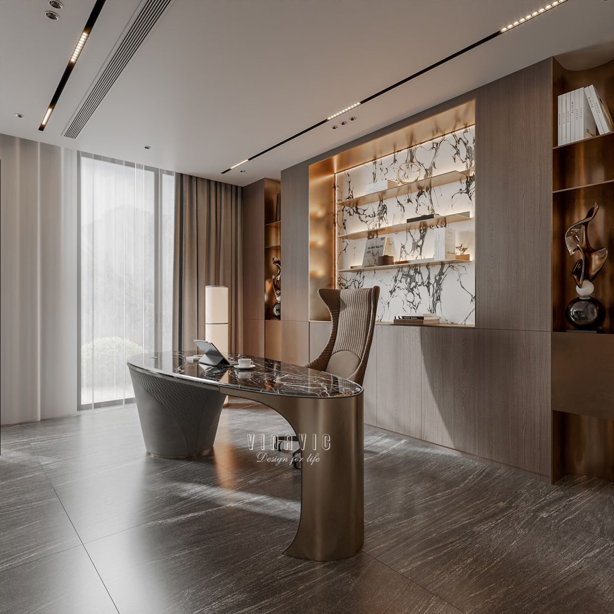 PHỐI CẢNH NỘI THẤT NGỦ MASTER TẦNG 1 BIỆT THỰ HIỆN ĐẠI 2 TẦNG NT2332