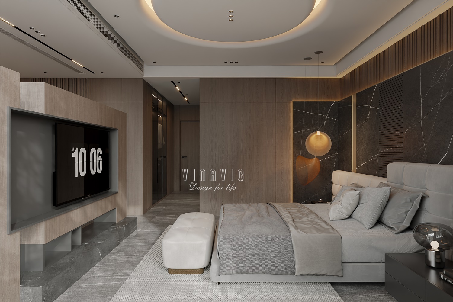 PHỐI CẢNH NỘI THẤT NGỦ MASTER TẦNG 1 BIỆT THỰ HIỆN ĐẠI 2 TẦNG NT2332