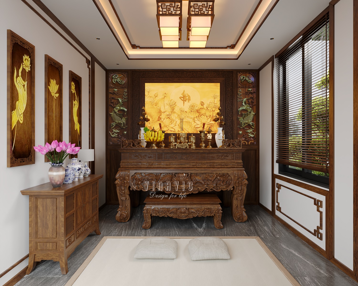 PHỐI CẢNH NỘI THẤT PHÒNG THỜ TẦNG 2 BIỆT THỰ HIỆN ĐẠI 2 TẦNG NT2332