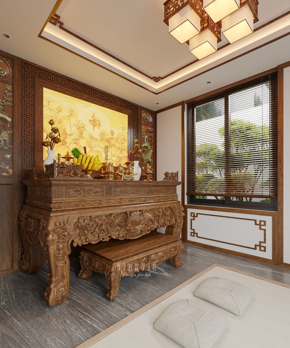 PHỐI CẢNH NỘI THẤT PHÒNG THỜ TẦNG 2 BIỆT THỰ HIỆN ĐẠI 2 TẦNG NT2332