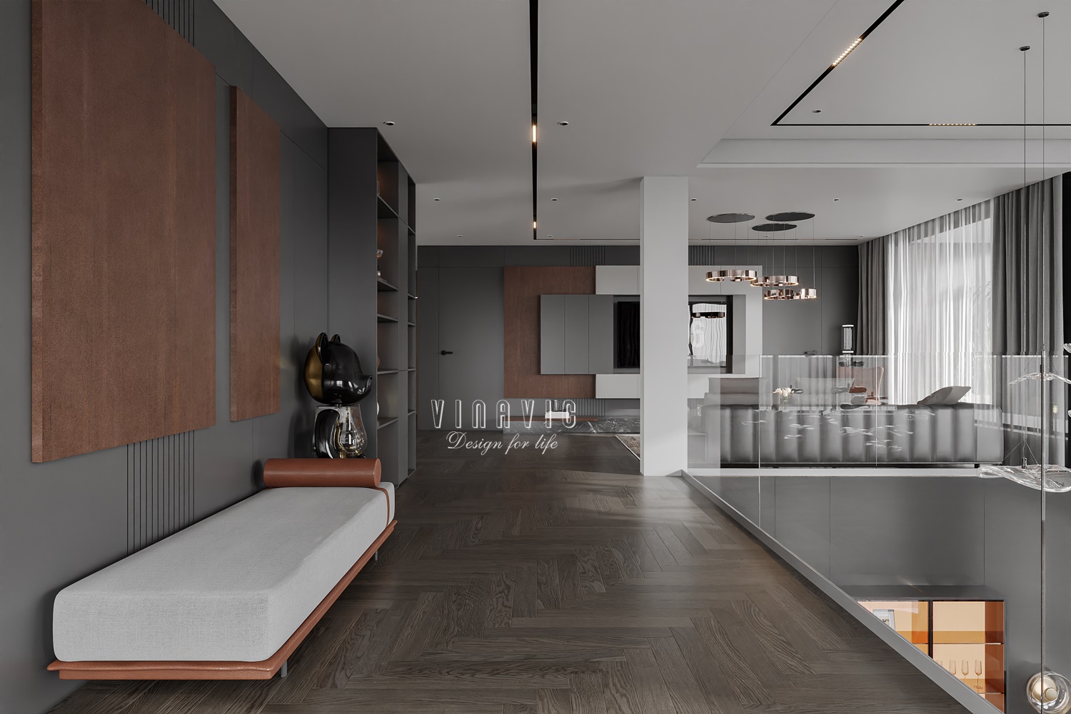 PHỐI CẢNH NỘI THẤT PHÒNG SINH HOẠT CHUNG TẦNG 2 BIỆT THỰ HIỆN ĐẠI 2 TẦNG NT2332