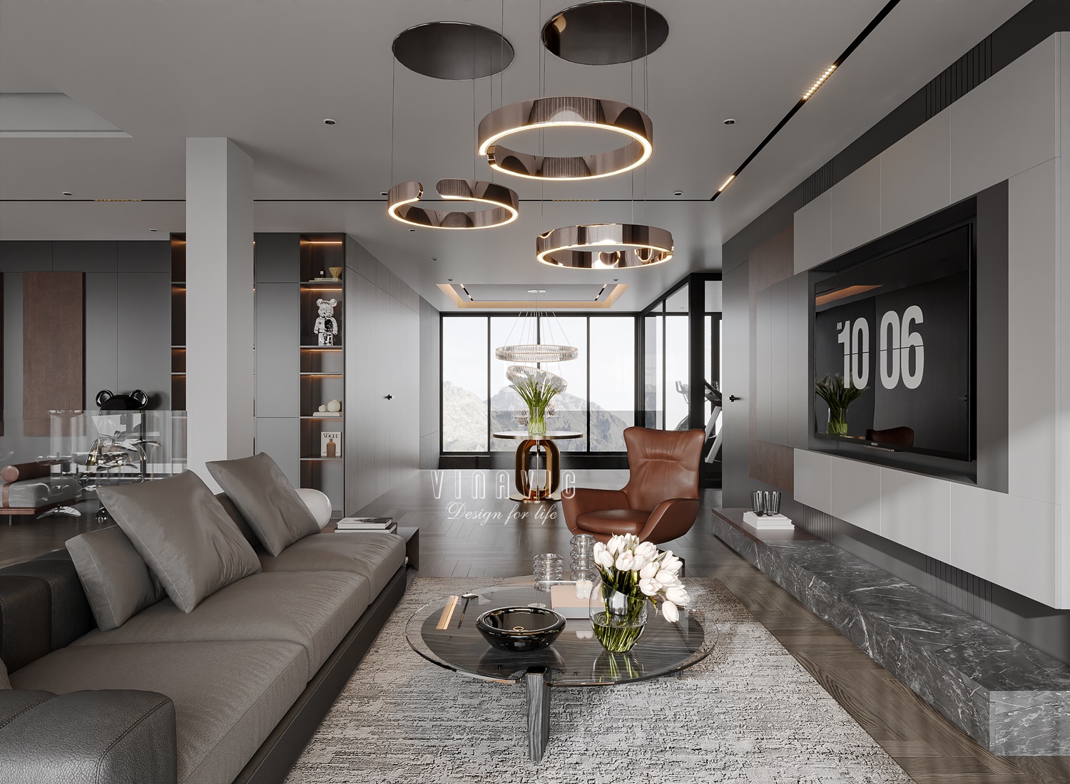 PHỐI CẢNH NỘI THẤT PHÒNG SINH HOẠT CHUNG TẦNG 2 BIỆT THỰ HIỆN ĐẠI 2 TẦNG NT2332