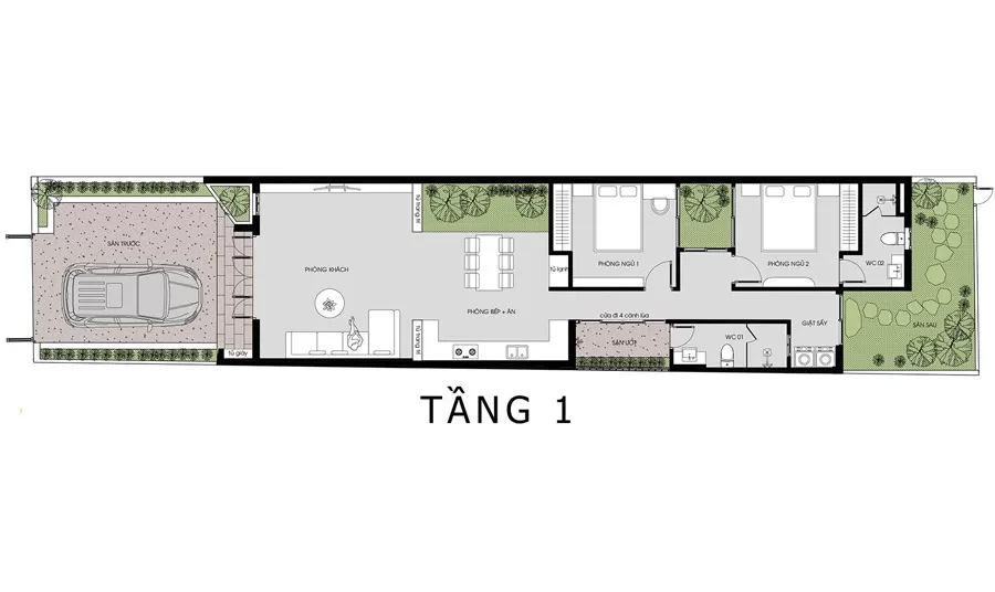 Bản vẽ nhà cấp 4 2 phòng ngủ 5x20m, 1 phòng khách, 1 phòng bếp