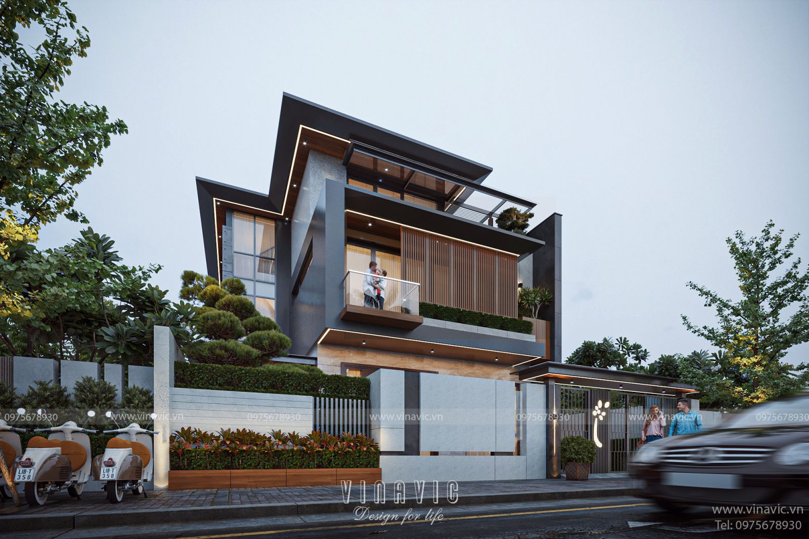 Vẻ đẹp kiến trúc của biệt thự hiện đại 3 tầng mái nhật 180m2 BT2379