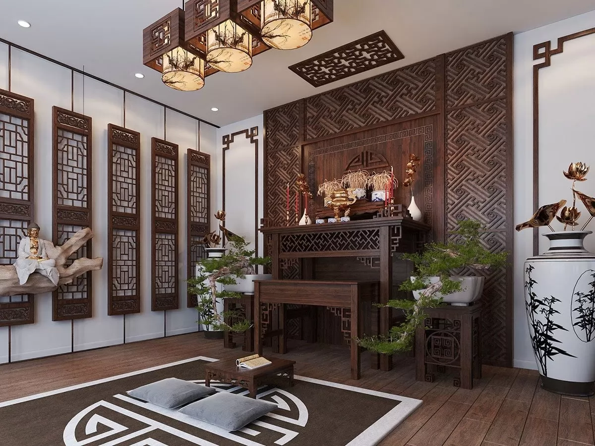 Mẫu phòng thờ đẹp với hệ trần thạch cao uy nghiêm, ấn tượng