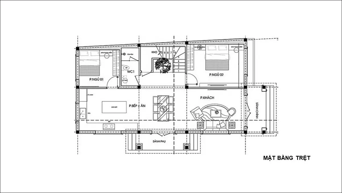 Bản vẽ xây dựng nhà 2 tầng mặt tiền 7m