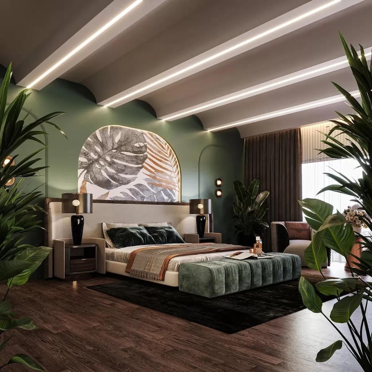 Phòng ngủ master phong cách Tropical.