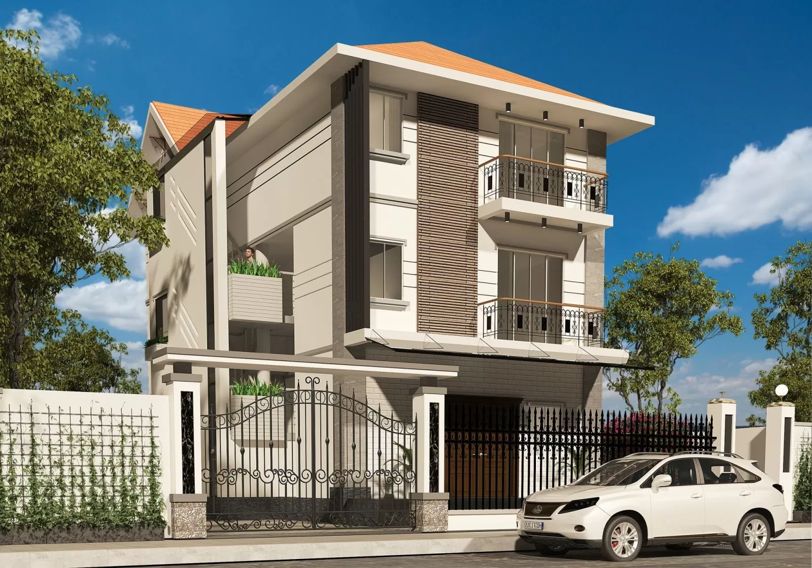 Mẫu nhà phố 3 tầng cầu thang ngoài trời sang trọng