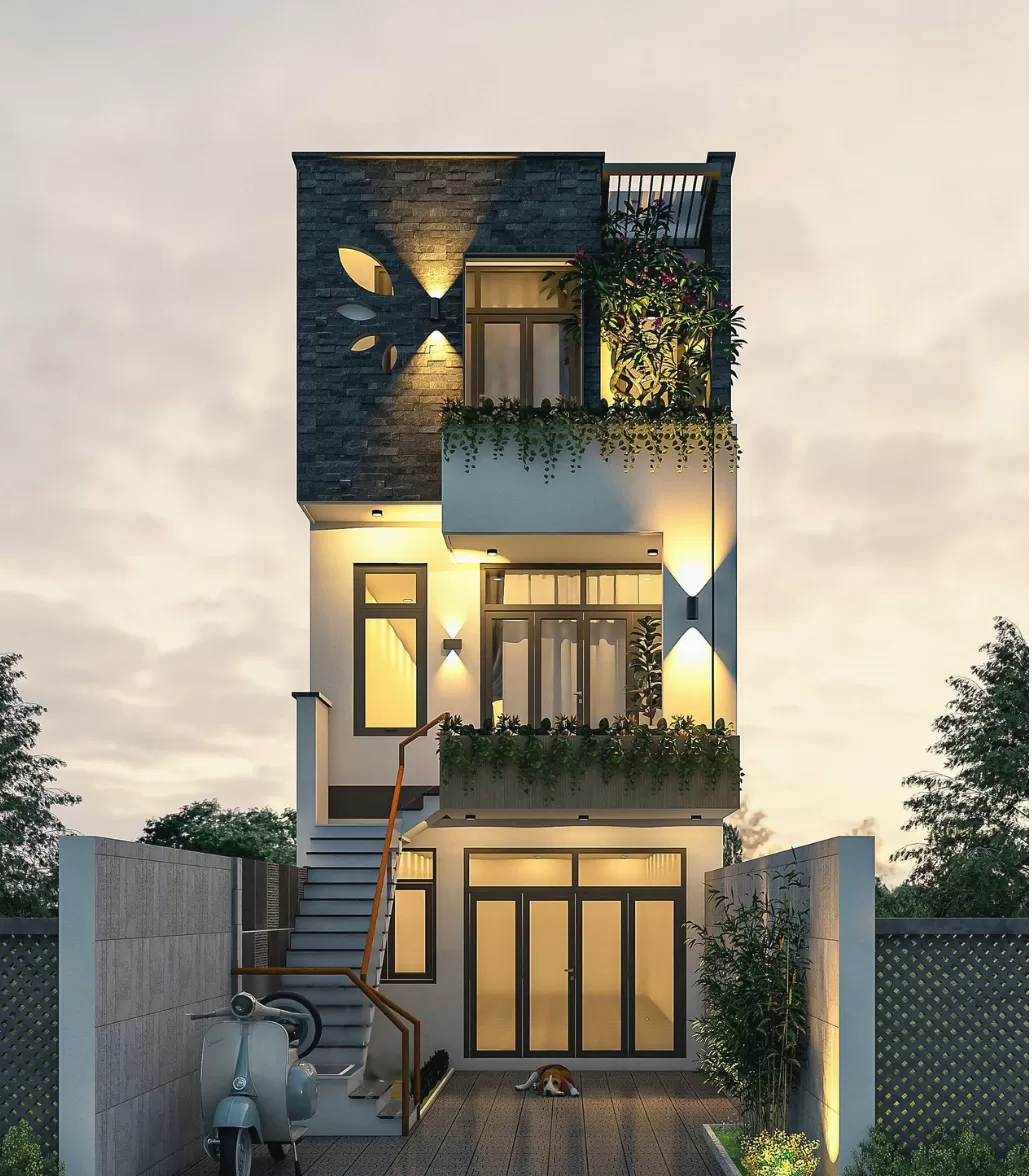 Mẫu nhà phố 3 tầng cầu thang ngoài trời