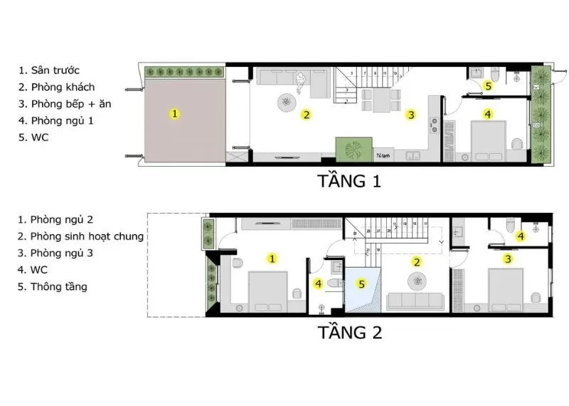 Bố trí công năng cho nhà 1 trệt 1 lầu 5x15m mái Thái