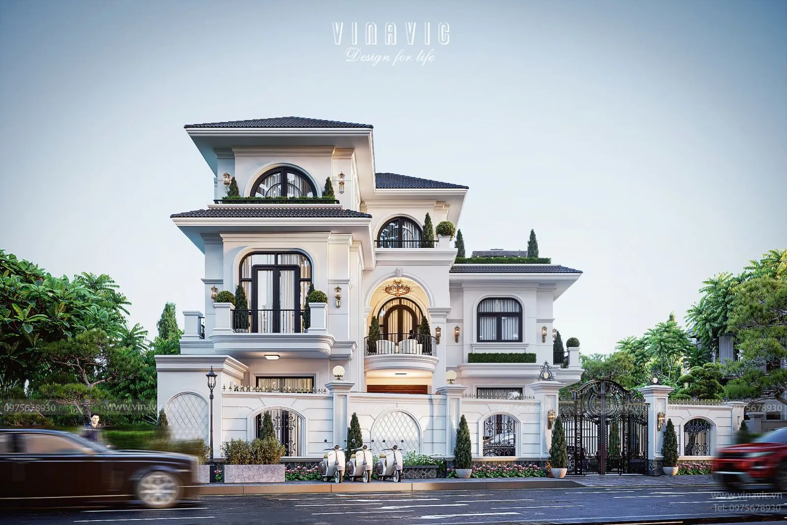 Phối cảnh biệt thự 3 tầng chữ L tân cổ điển 11m x 11m BT2383