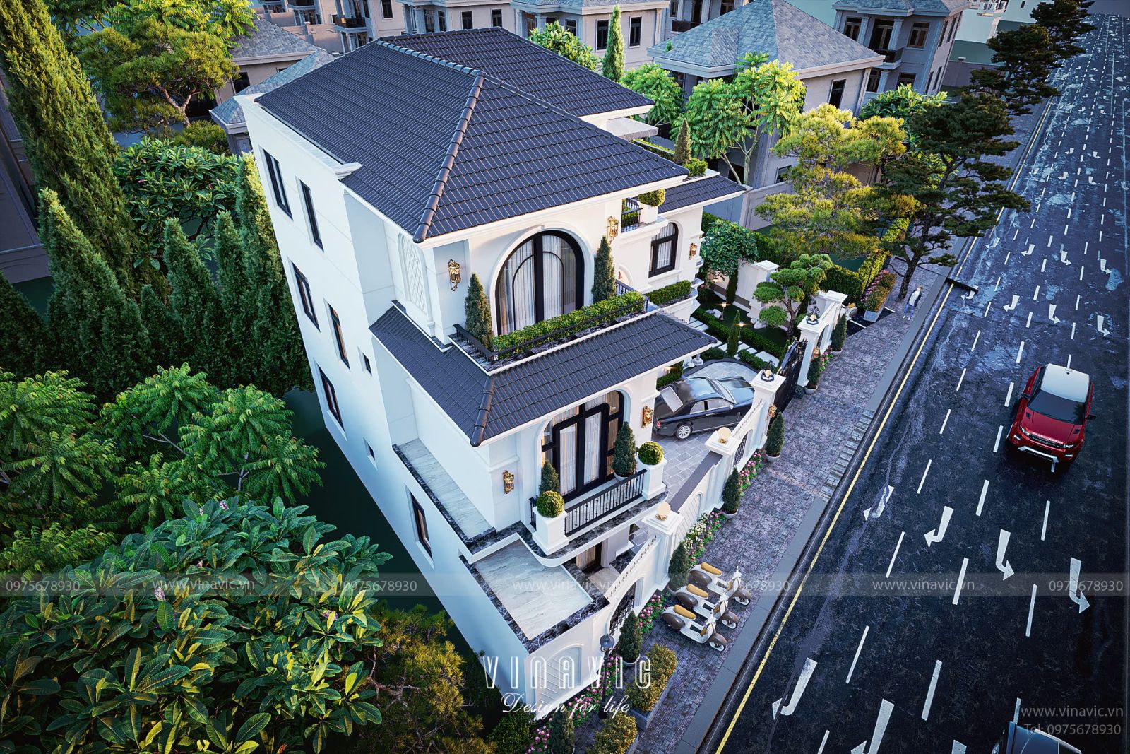 Mẫu thiết kế biệt thự 3 tầng chữ L tân cổ điển 11m x 11m BT2383