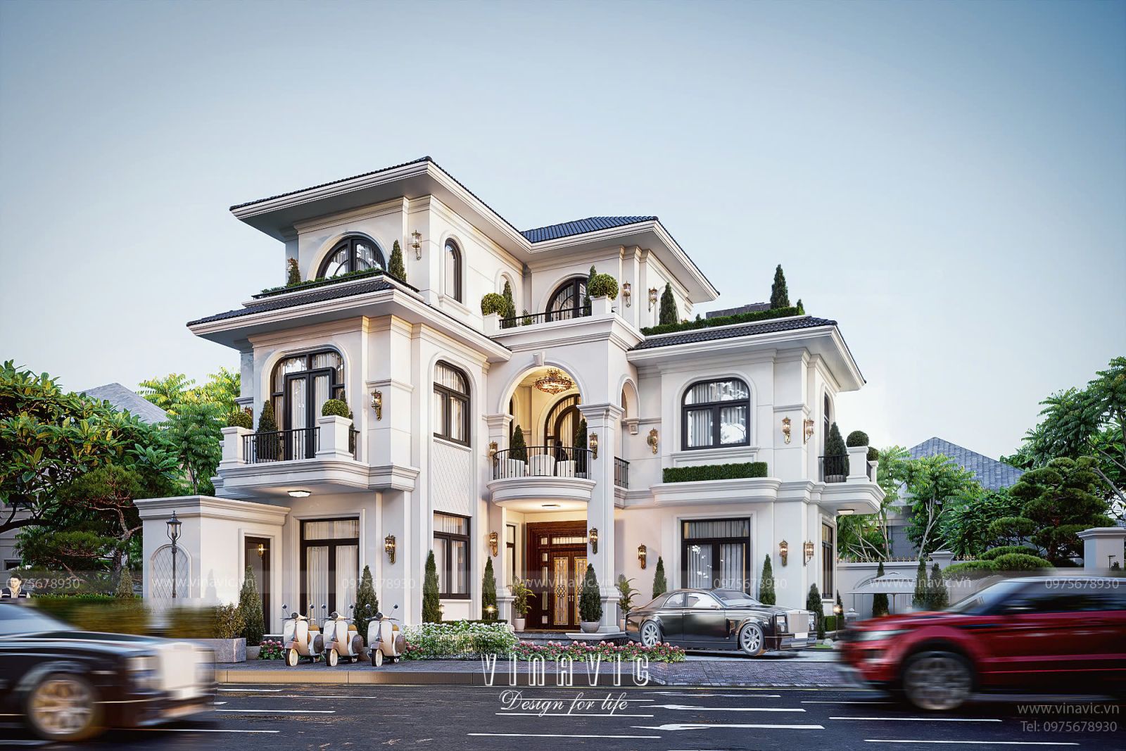 Mẫu thiết kế biệt thự 3 tầng chữ L tân cổ điển 11m x 11m BT2383