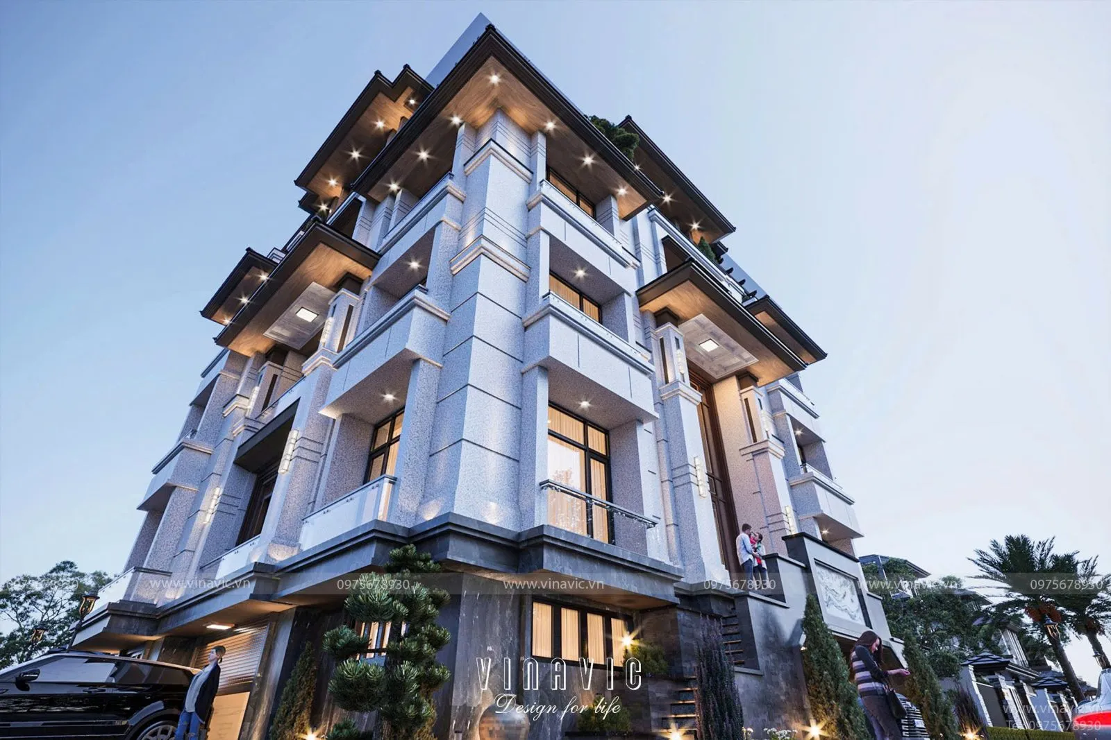 Mẫu biệt thự 5 tầng 2 mặt tiền hiện đại mái nhật 25x15m BT2384