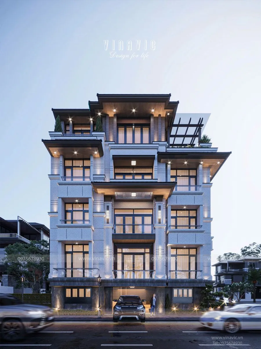 Mẫu biệt thự 5 tầng 2 mặt tiền 100m2 hiện đại mái nhật