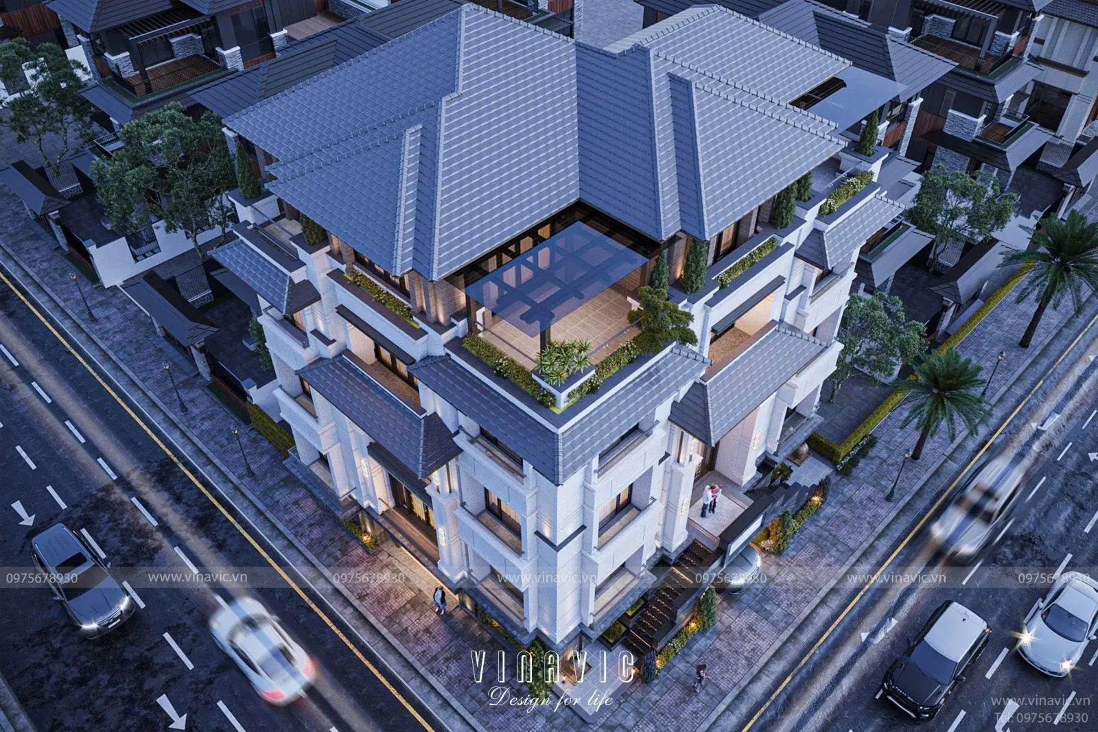 Mẫu biệt thự 5 tầng 2 mặt tiền hiện đại mái nhật 25x15m BT2384