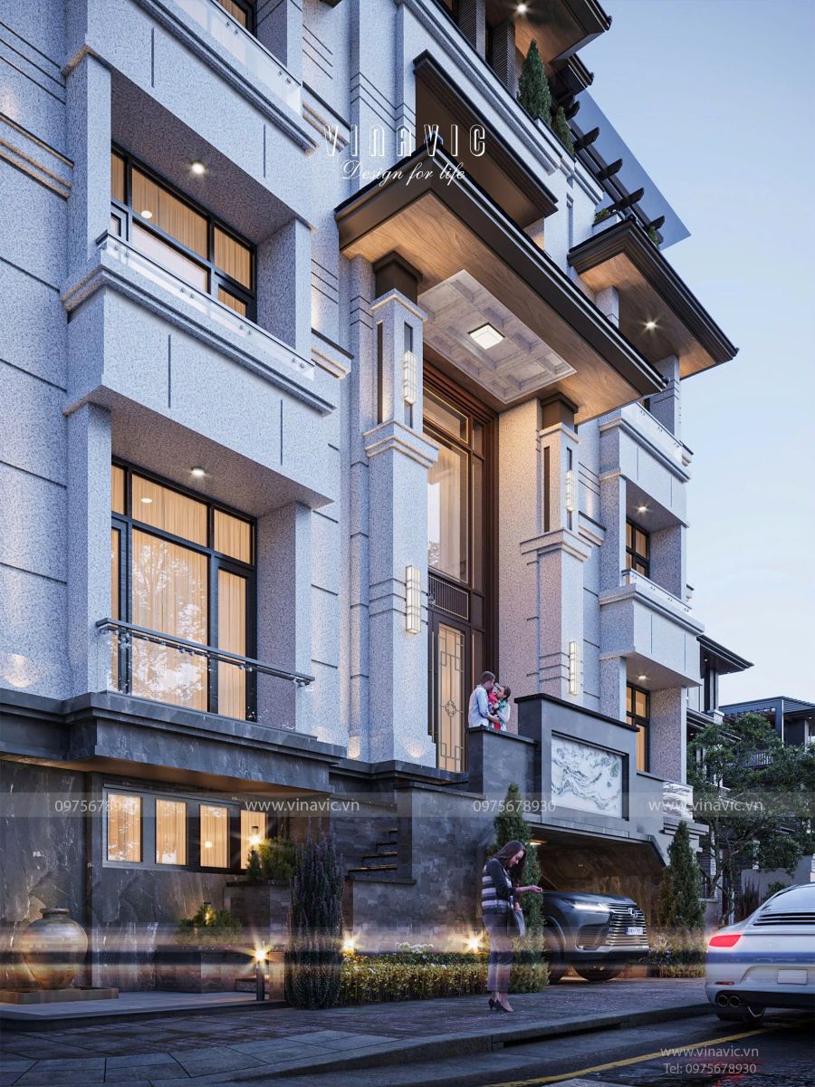 Mẫu biệt thự 5 tầng 2 mặt tiền hiện đại mái nhật 25x15m BT2384