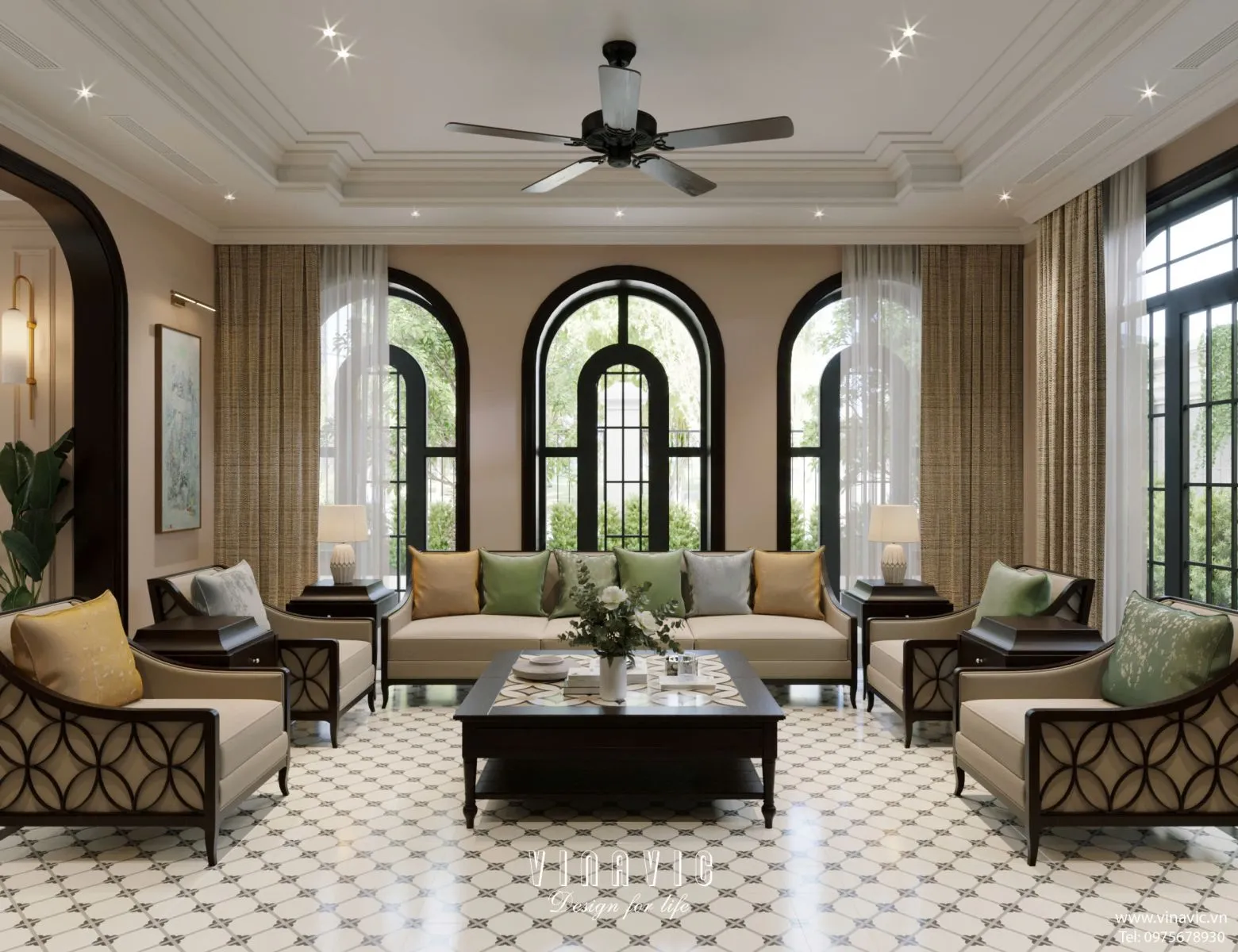 Không gian phòng khách cần sự sang trọng nên ưu tiên rèm vải hai lớp