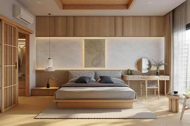 Giường thấp là điểm nhấn chính, sử dụng vật liệu tự nhiên và trang trí đơn giản.
