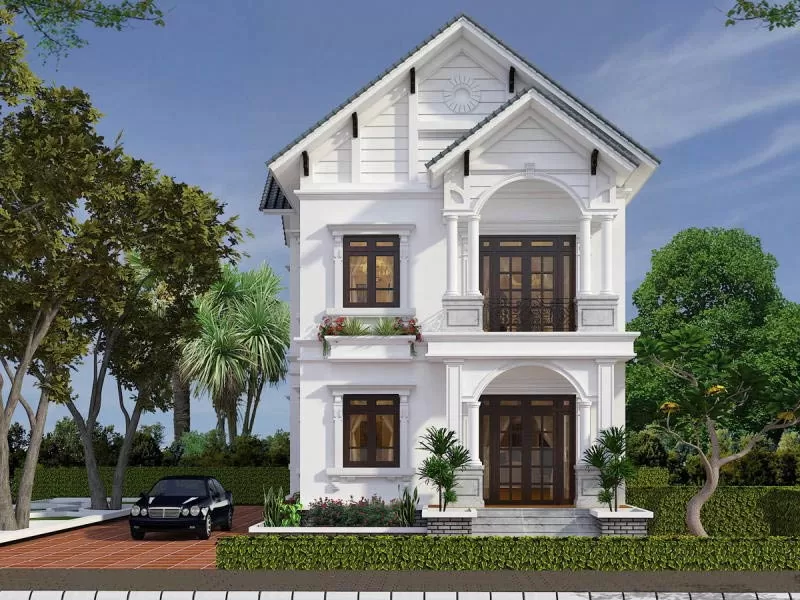 Mẫu nhà ống tân cổ điển 2 tầng mái Thái ton màu trắng hài hòa