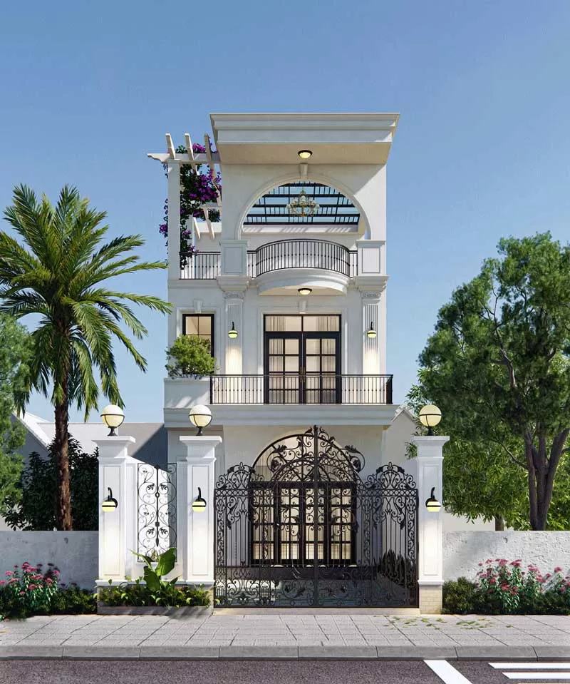 Mẫu nhà ống tân cổ điển 2 tầng mái bằng bố trí công năng hợp lý, tiện nghi.