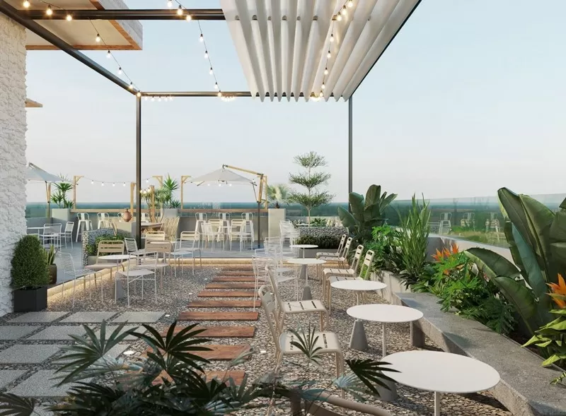 Thiết kế quán cà phê trên sân thượng, không gian ngoài trời