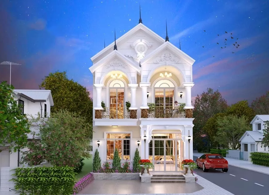 Mẫu nhà mái thái 2 tầng mặt tiền 8m x 18m