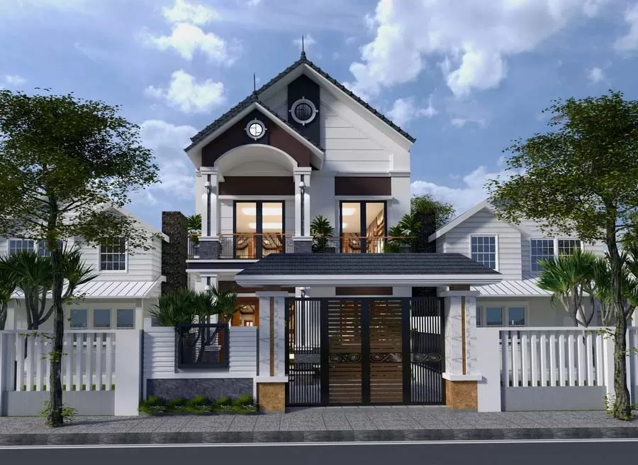 Mẫu nhà mái thái 2 tầng mặt tiền 8m hiện đại