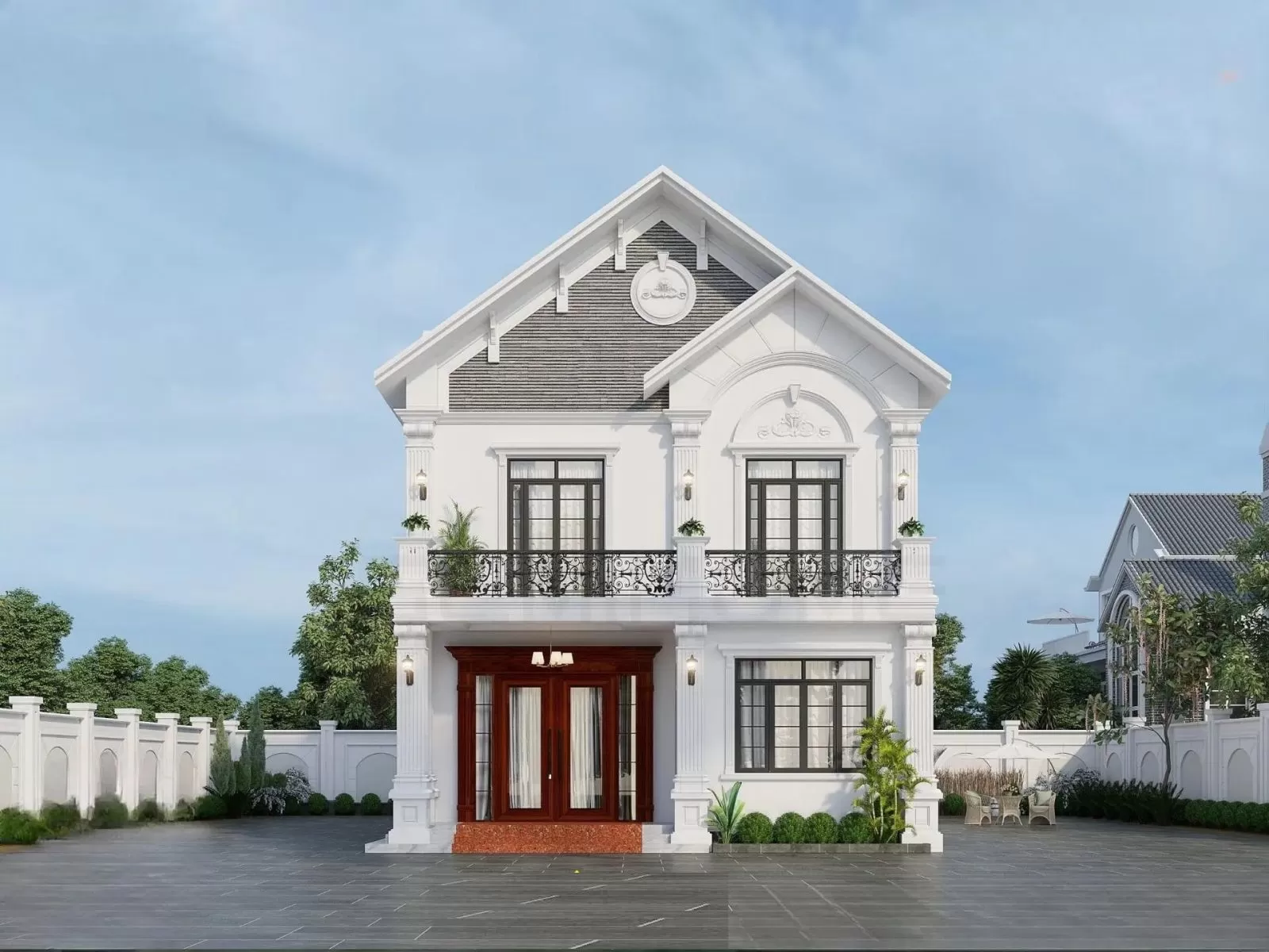 Mẫu nhà mái thái 2 tầng mặt tiền 8m tân cổ điển