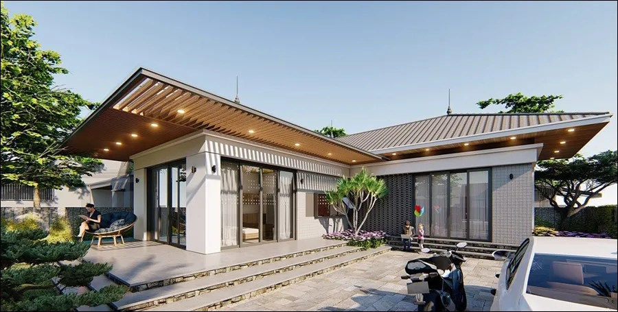 Mẫu nhà cấp 4 chữ L mái Thái có sân vườn rộng