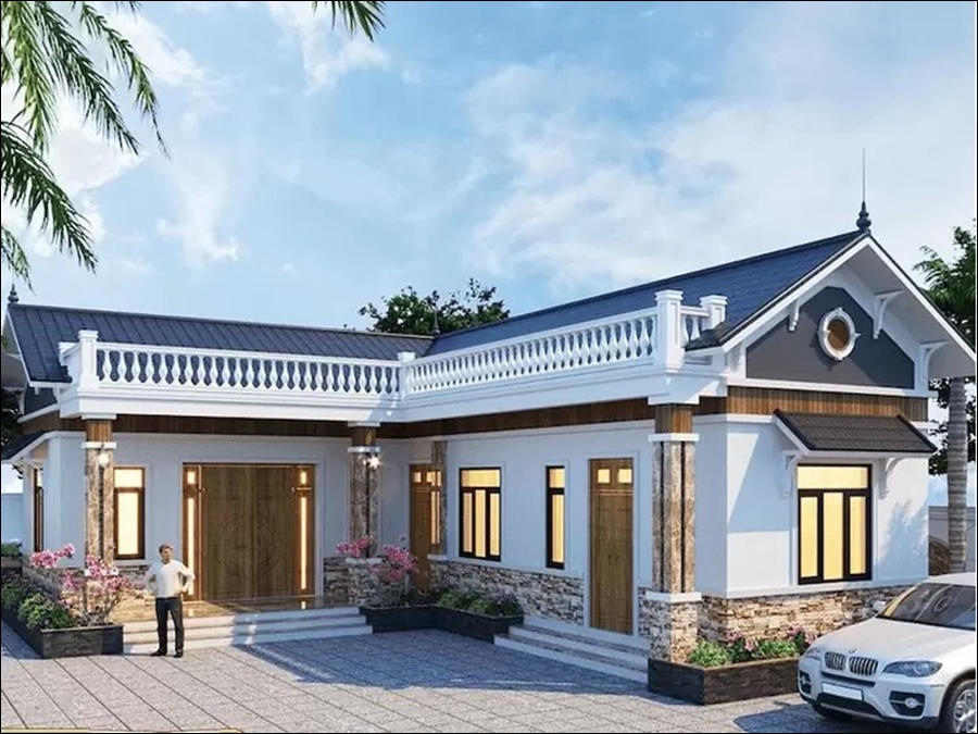 Nhà mái Thái cấp 4 chữ L hiện đại