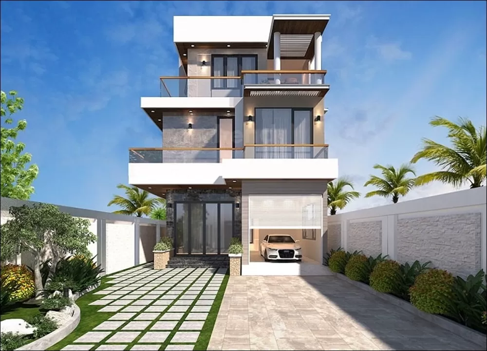 Mẫu nhà 3 tầng chữ L mái bằng hiện đại