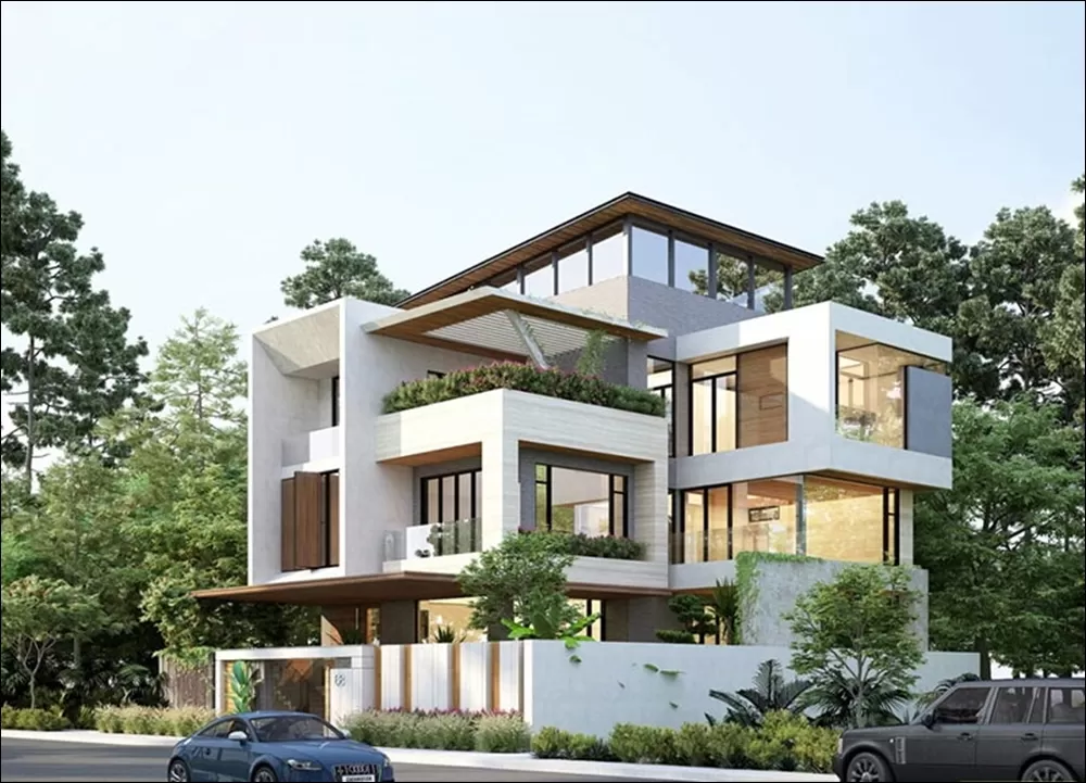 nhà chữ L 3 tầng mái bằng Thiết kế kiến trúc linh hoạt, dễ bố trí công năng.