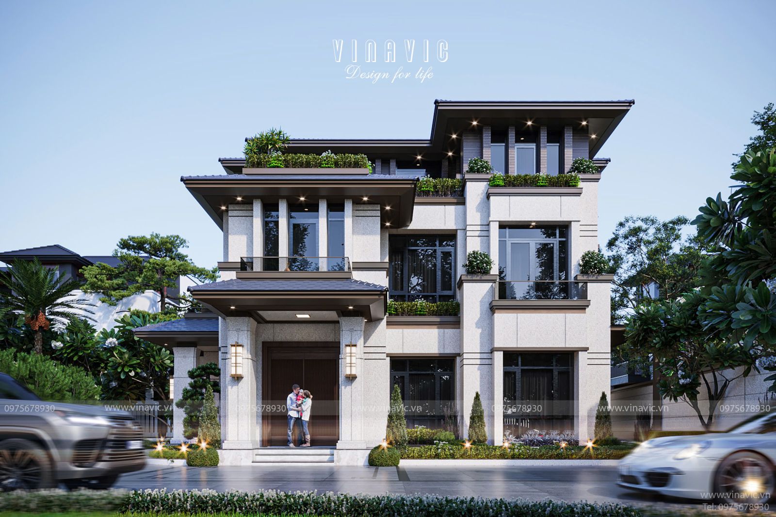 Bố trí mặt bằng công năng biệt thự nhà vườn mái nhật 3 tầng  BT2390