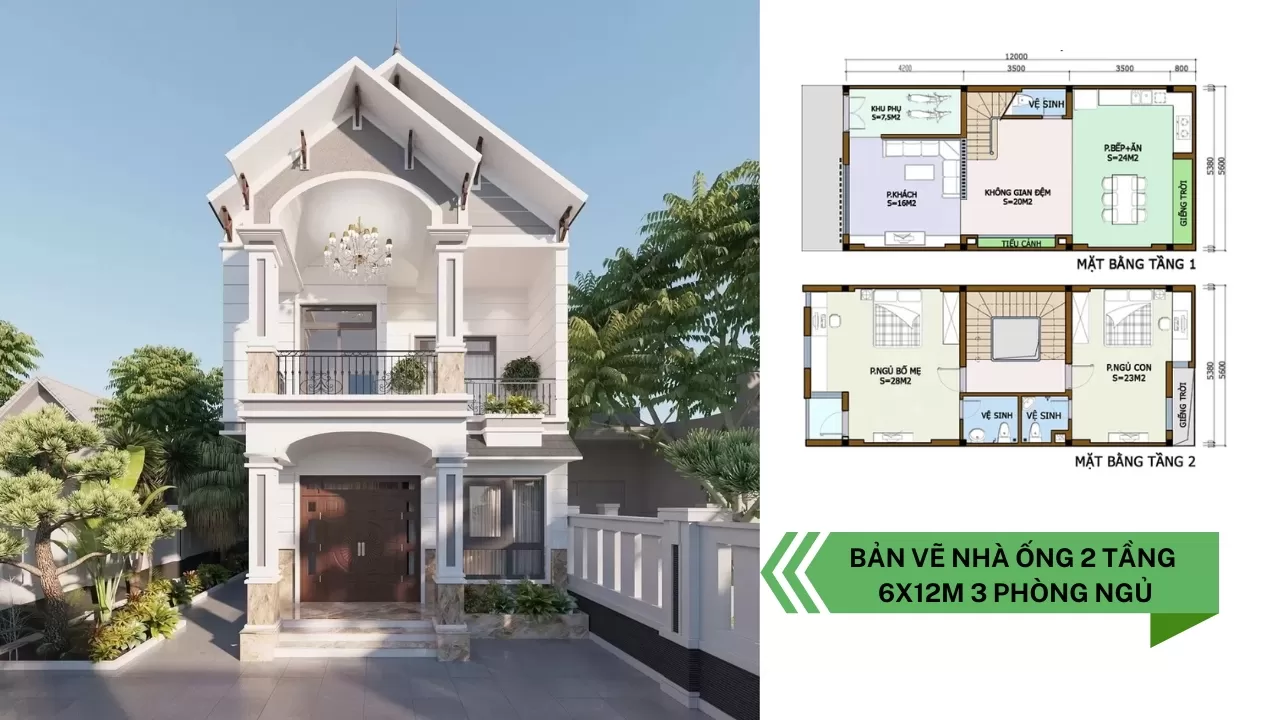 Chia sẻ bản vẽ nhà ống 2 tầng 6x12m 3 phòng ngủ đầy đủ nhất