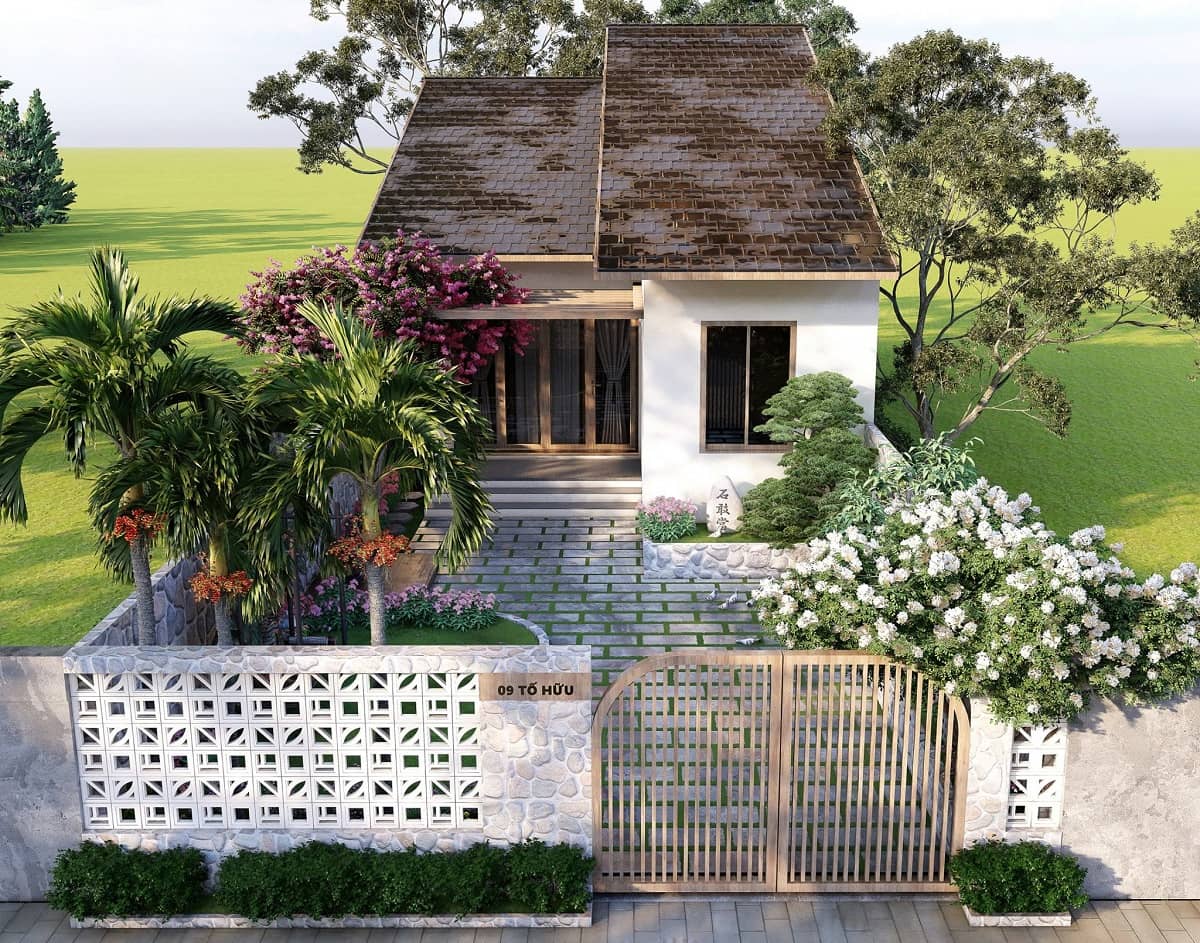 Mẫu Nhà Mái Thái Lệch Có Vườn Hoa Mini