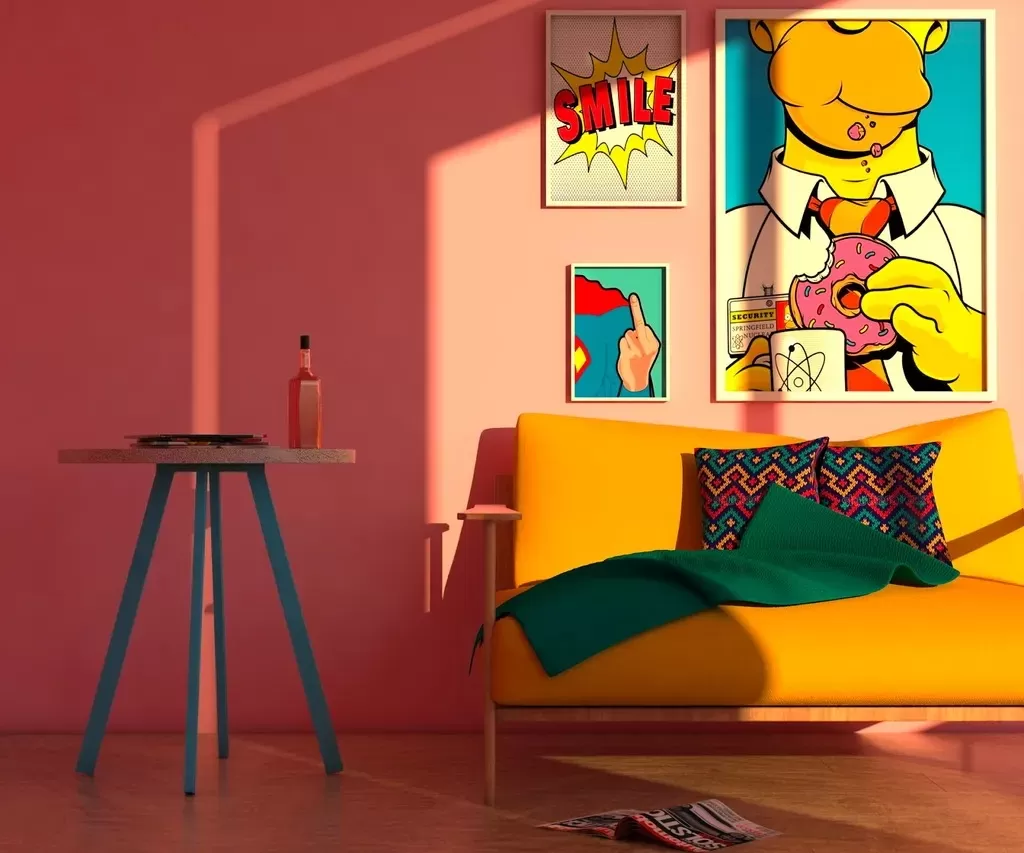 Phong cách thiết kế Pop Art nổi bật với những gam màu rực rỡ như cam vàng, đỏ...