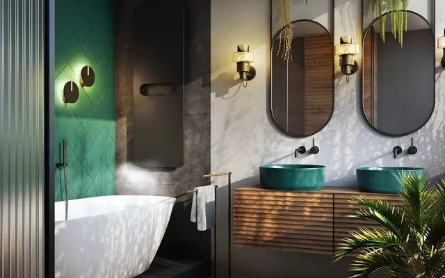 Gam màu xanh tủ kệ lavabo nổi bật trong không gian 