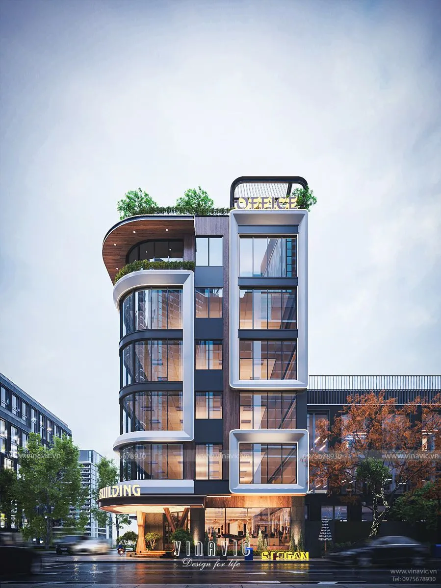 Mẫu tòa nhà văn phòng hiện đại 4 tầng 1 tum 252m2 (12x21m) BT2397