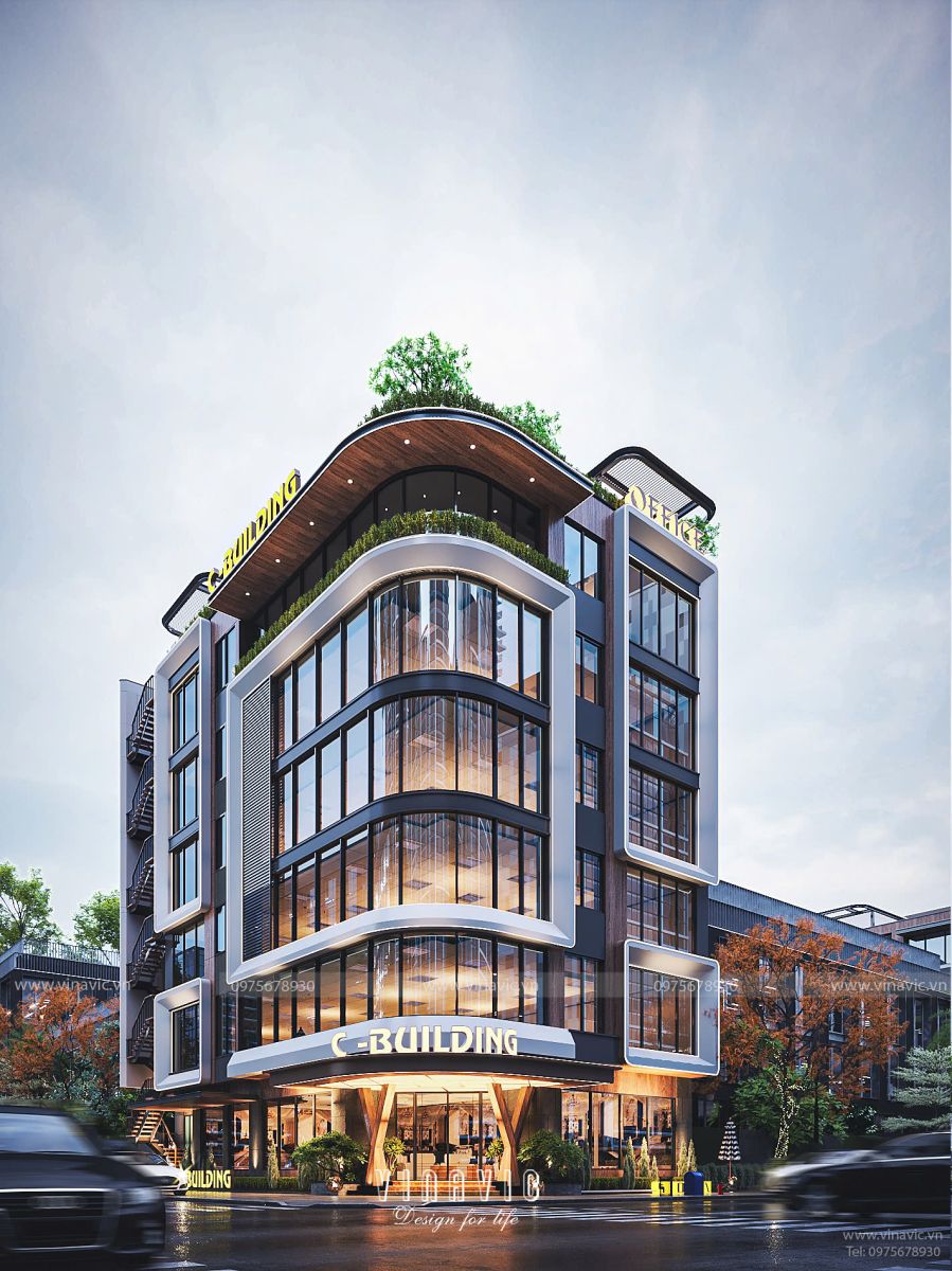 Mẫu tòa nhà văn phòng hiện đại 6 tầng 1 tum 252m2 (12x21m) BT2397